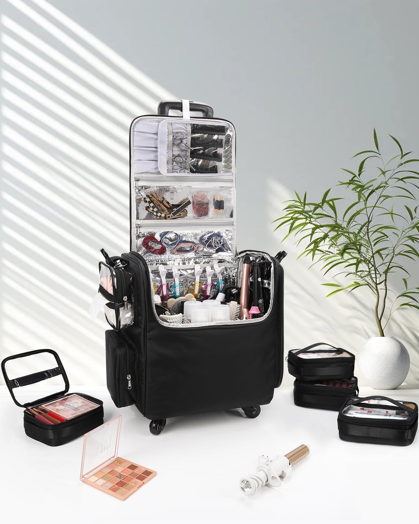 Relavel Rolling Makeup Train Case with 6 Pcs Clear Makeup Bags, Hairstylist Traveling Bag with 4 Wheels, Heat Insulation Full Layer, Adjustable Dividers, Hair Tools and Cosmetics Storage Organizer
