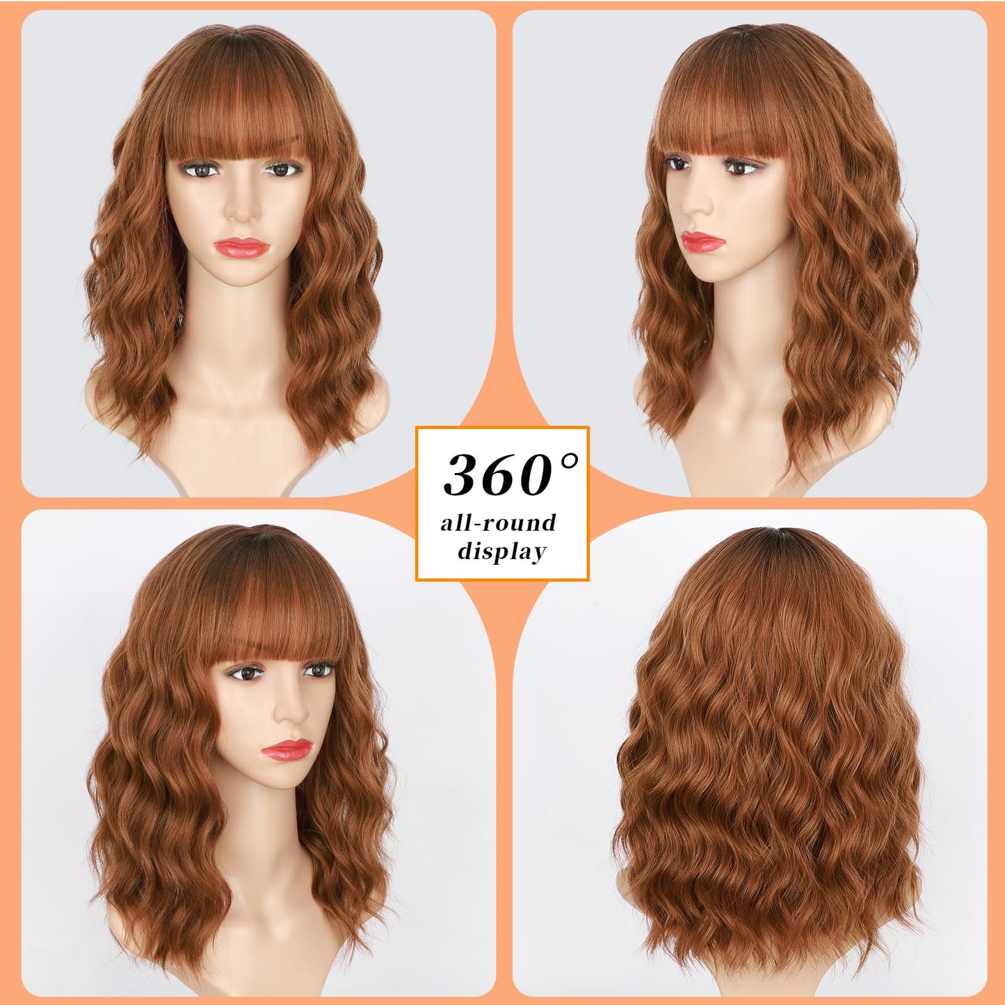 Lativ Auburn Wig with Bangs Short Bob Wigs for Women Shoulder Length Ginger Wavy Curly Wigs Synthetic Fiber Wigs 14 Inches for Daily Party Use