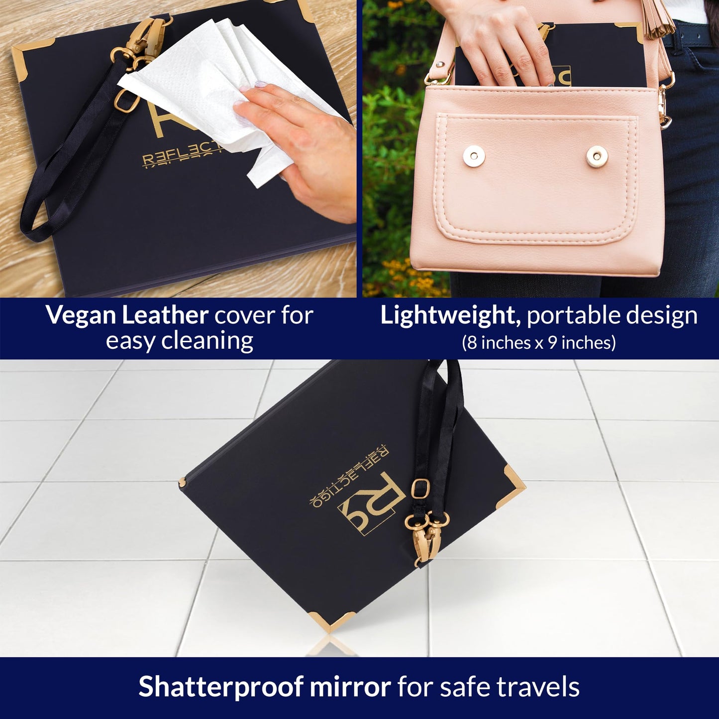 REFLECTIGO Foldable Full Length Travel Makeup Mirror - Shatterproof & Portable Mirror in 3 Way - Pyramid, Vanity, Full Length - Folding Full Length Hanging Mirror Espejo for Outfit, Hair & Makeup