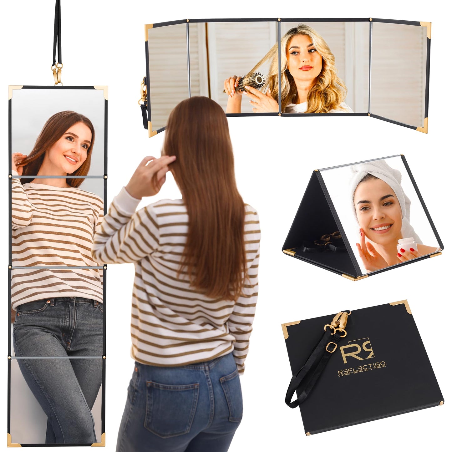 REFLECTIGO Foldable Full Length Travel Makeup Mirror - Shatterproof & Portable Mirror in 3 Way - Pyramid, Vanity, Full Length - Folding Full Length Hanging Mirror Espejo for Outfit, Hair & Makeup