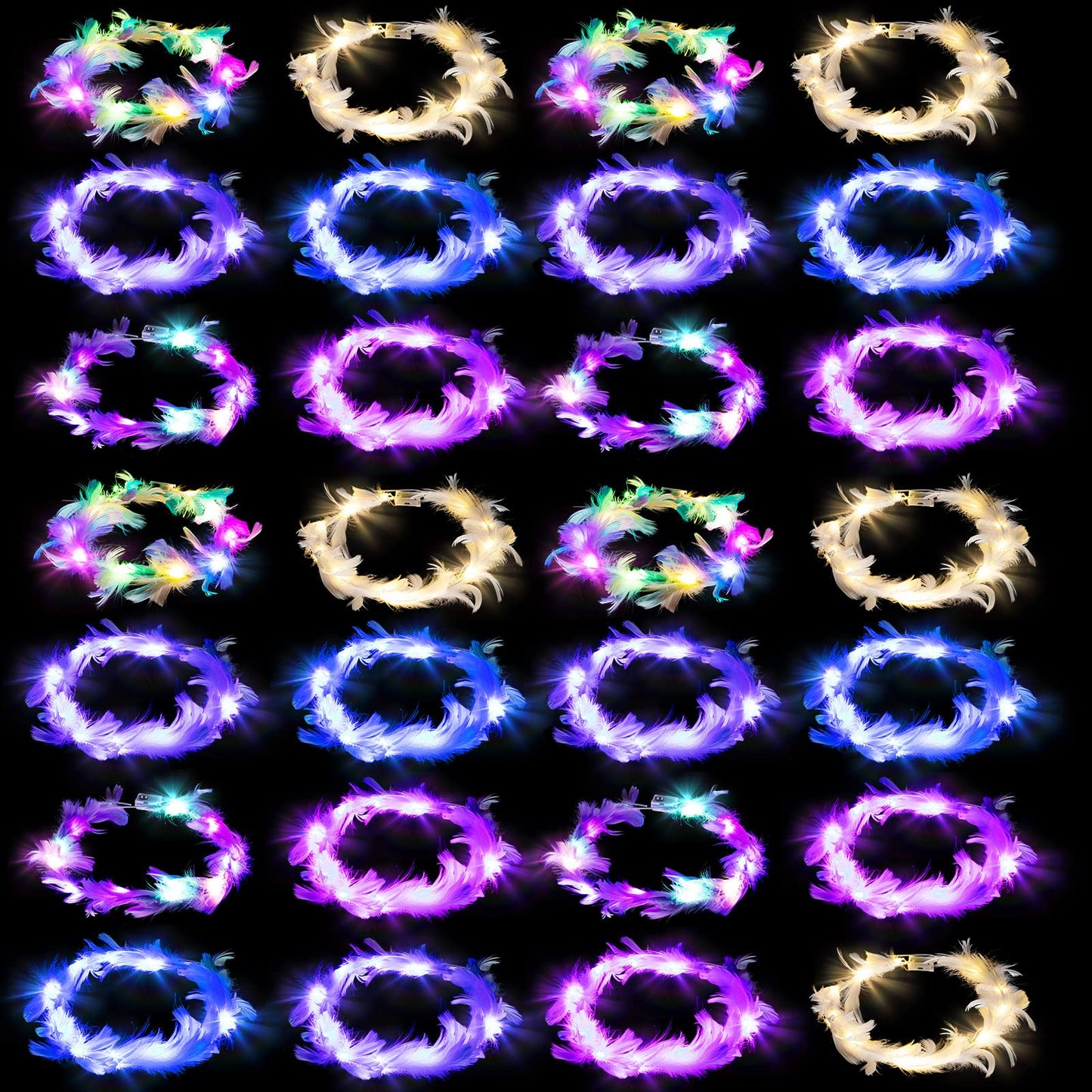 Janinka 28 Pcs Feather Crown Headband - 6 Styles LED Light Up Hair Accessories with 3 Light Modes for Women Girls Wedding Festival Party