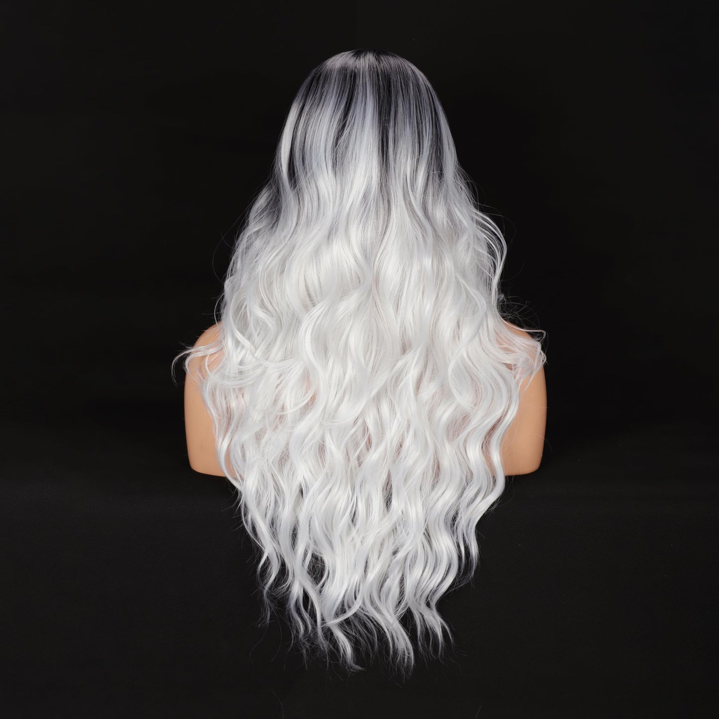 Colorful Queen Ombre Black Grey Wig 26 Inch Long Wavy White Wigs for Women Curly Wig Heat Resistant Synthetic Lace Wig Natural Looking for Cosplay Daily Use