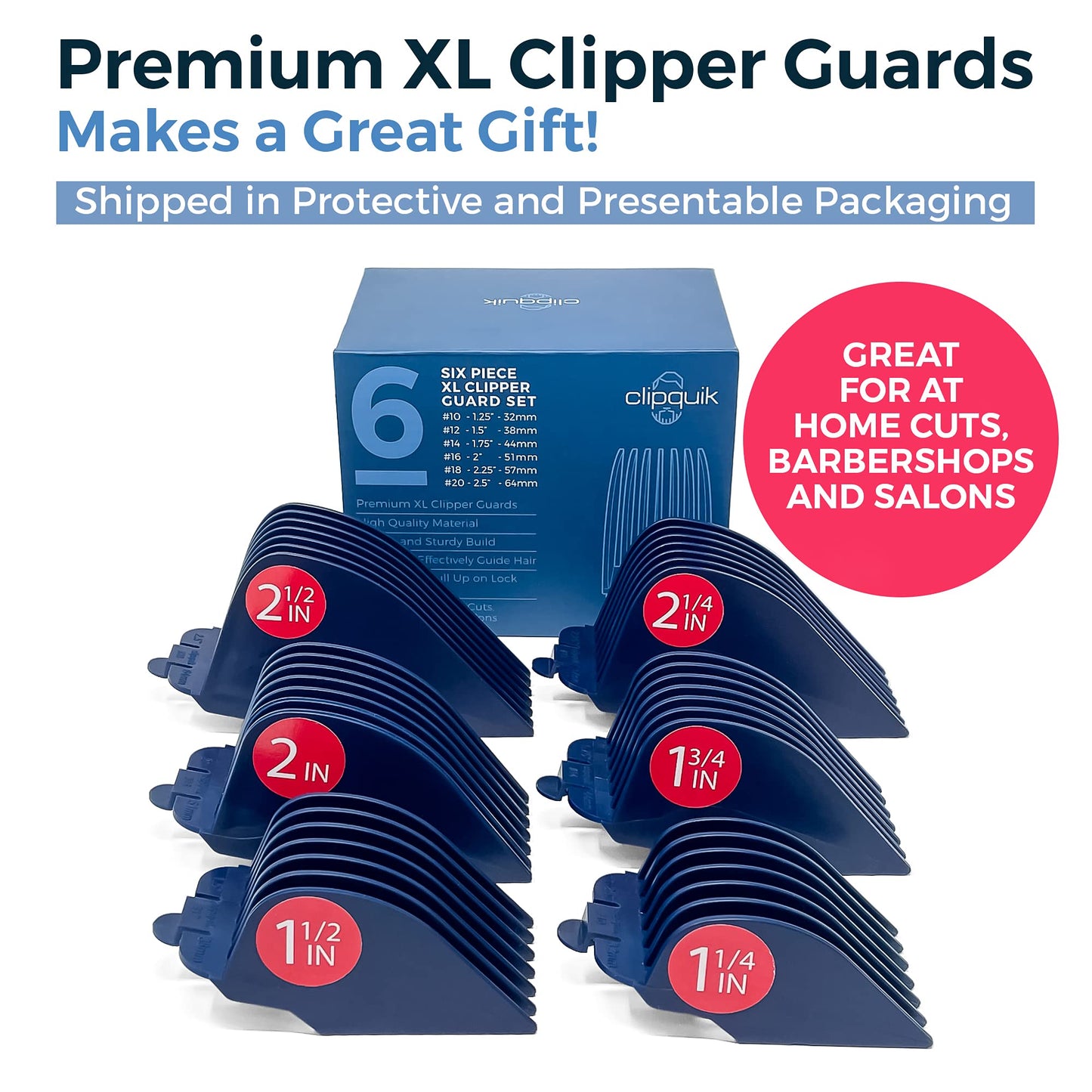 Clipquik Premium XL Clipper Guards for Most Wahl Clippers, Extra Long and Sturdy #20 18 16 14 12 10 (2.5 inch, 2.25", 2", 1.75", 1.5", 1.25") Large Clipper Guide Comb Set