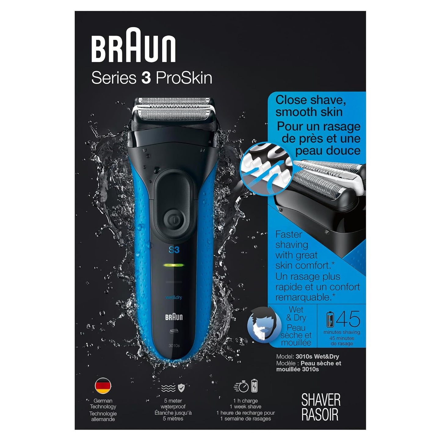 Series 3 3010s Electric Shaver for Men - Wet & Dry Rechargeable Razor in Blue