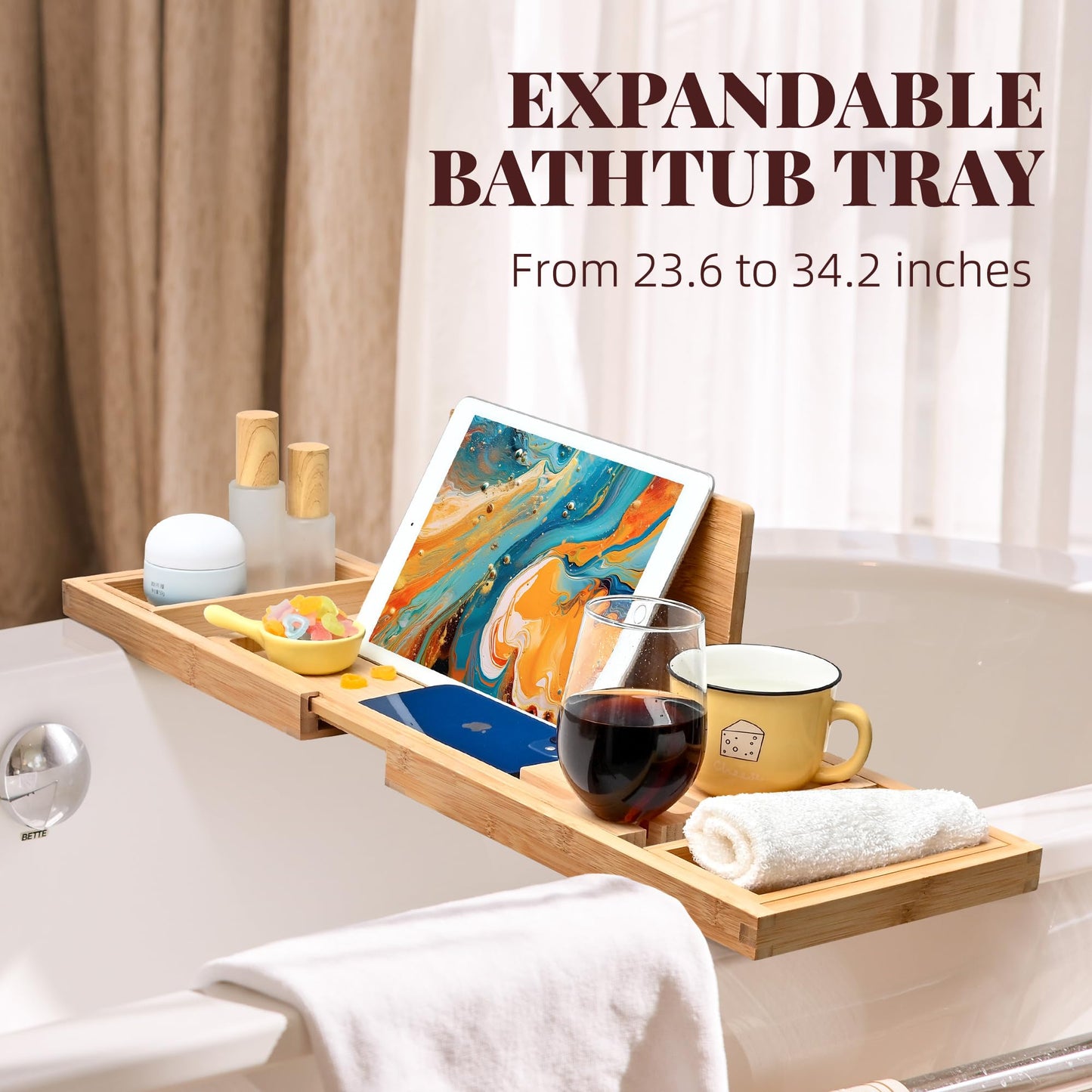Hcirjhie Wood Foldable Bathtub Tray Caddy Bamboo Bathtub Tray Expandable, Bath Tub Table Caddy with Extending Sides - Bathtub Accessories for Women or Men (Natural (Foldable), Natural (Foldable))
