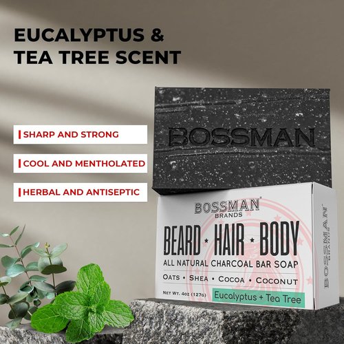 Bossman 4-in-1 Charcoal Soap Bar - All-Natural Men's Grooming Solution | 4 oz Eucalyptus & Tea Tree Scent