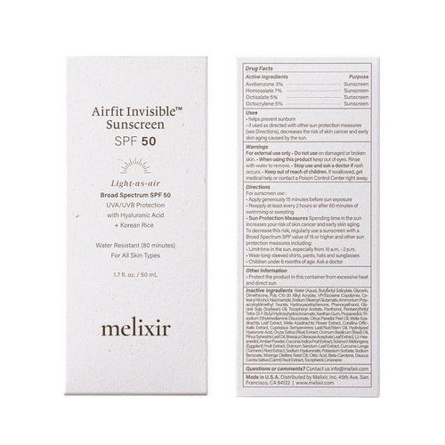 Melixir Airfit Invisible™ Sunscreen SPF 50 - Broad Spectrum Korean Rice Formula for Sensitive Skin | Moisturizing, No White Cast, Waterproof (1.7fl.oz./50ml)