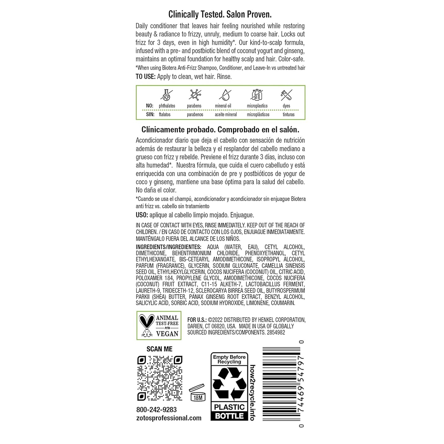 Biotera Anti Frizz Smoothing Conditioner - Smooths Frizzy Hair | Microbiome Friendly & Vegan | Paraben Free