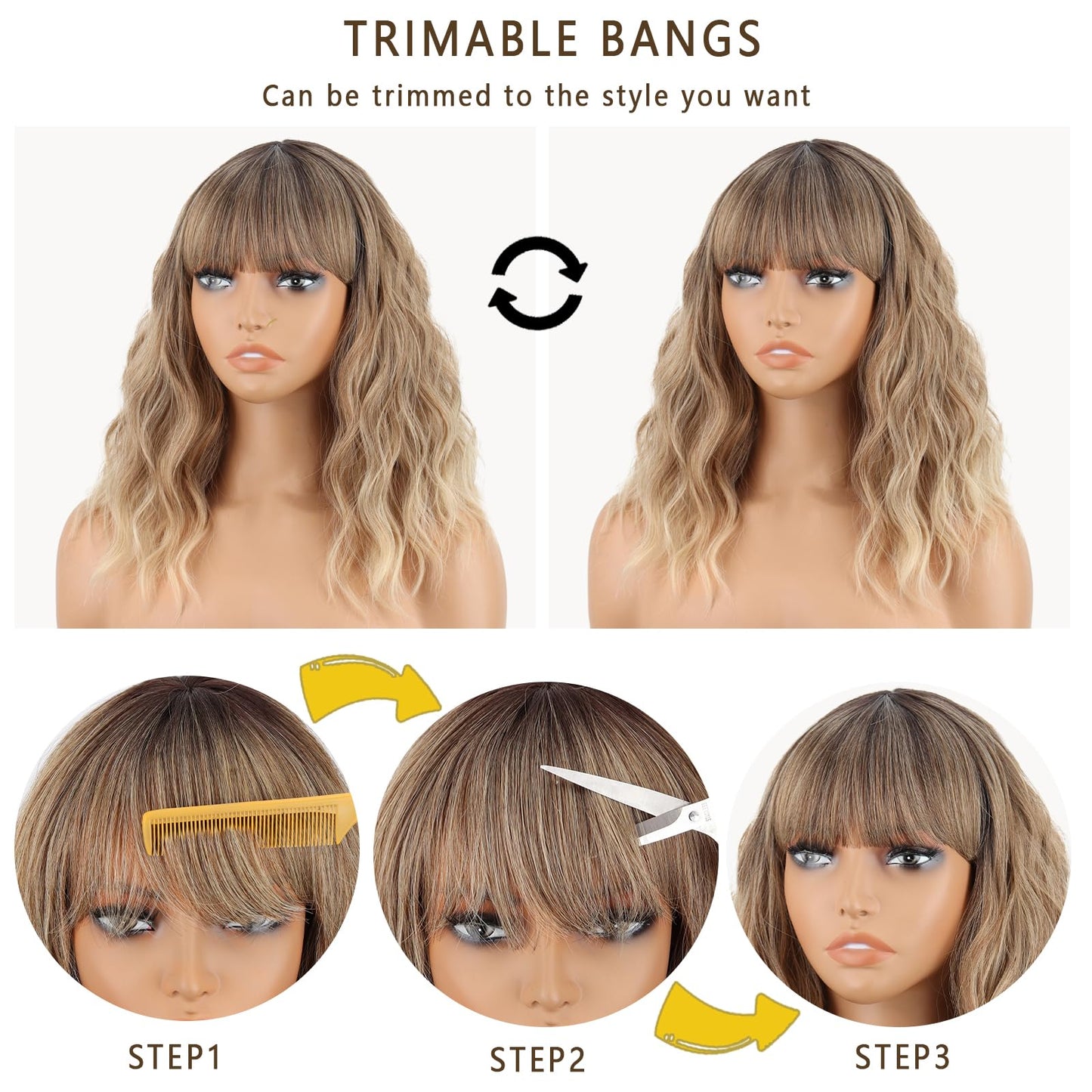 WERD Short Ombre Blonde Wavy Wig for Women Blonde Curly Wavy Bob Wig with Bangs Natural Looking Synthetic Dirty Blonde Wig for Colorful Cosplay