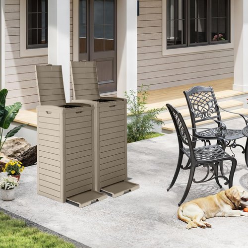 DWVO 38 Gallon Outdoor Trash Can - Waterproof Resin Garbage Bin with Lid & Drip Tray | Easy to Clean, Taupe