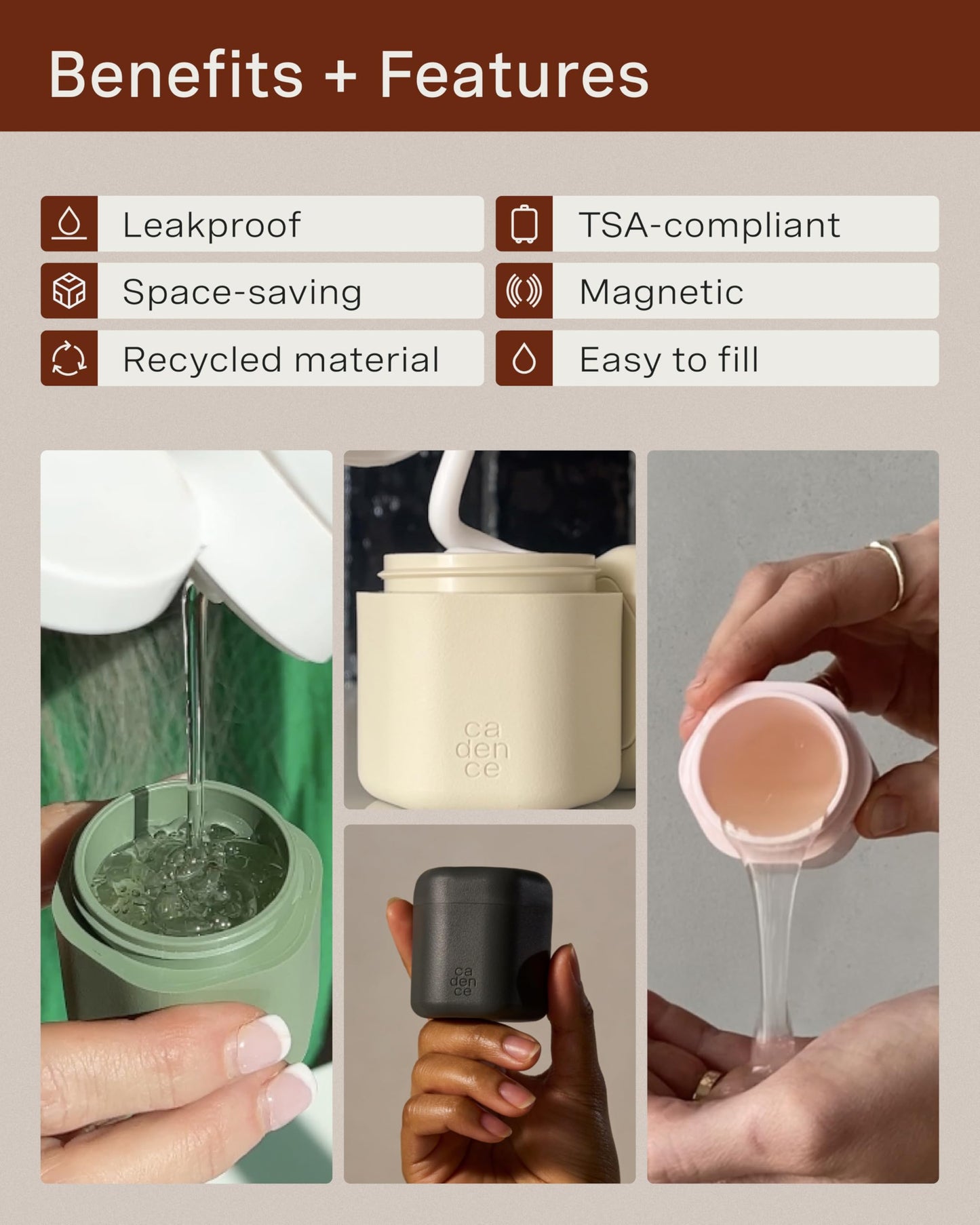 Cadence Travel Containers - Body Care Capsule Set - Magnetic Travel Capsules - For Body Wash, Lotions, Sunscreens - 3 Flex Mediums (1.32oz) with Body Wash, Lotion, & Sun Icon Labels - Eucalyptus