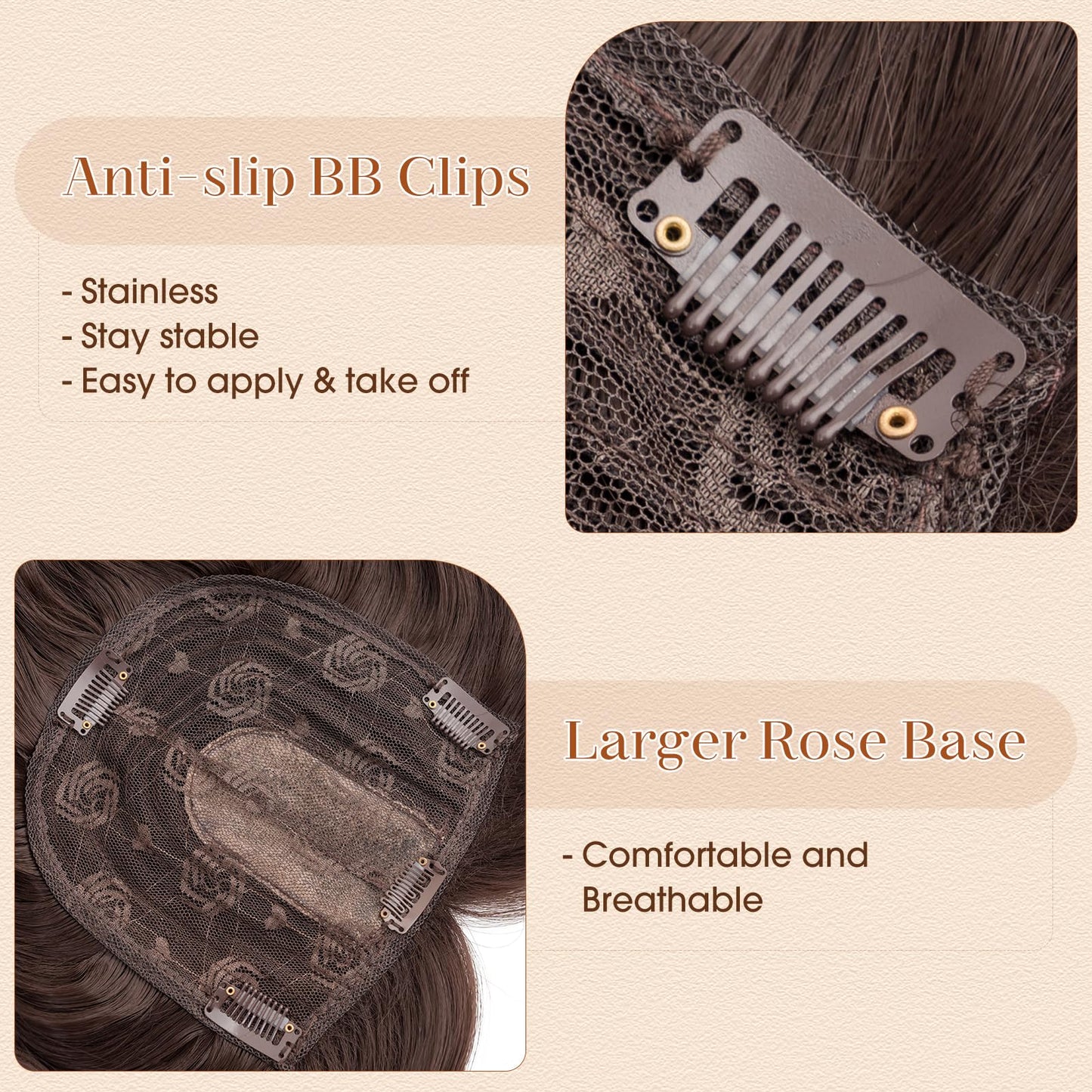 Benehair 14 Inch Hair Toppers for Women 6"x6" Lace Base Clip in Synthetic Hairpieces Wiglets with Bangs Long Straight Hair Topper with Thinning Hair 120g Dark Brown