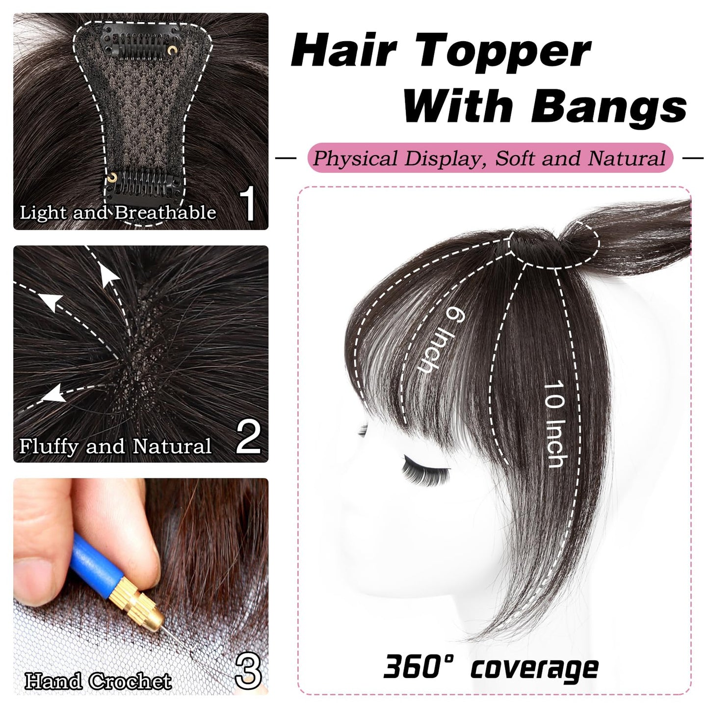 MORICA Bangs Hair Clip, 360° 3D Cover Clip in Bangs 100% Real Human Hair Toppers with Bangs,Hair pieces Clip on Bangs for Women Fake Bangs for Daily Wear (Brown Black, 5×7 3D Bangs)