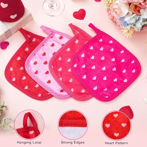 Frienda Heart Makeup Remover Cloths - 24 Pcs Reusable Microfiber Towels | Soft 6" x 6" Washable Pads for Valentine's Day Gifts