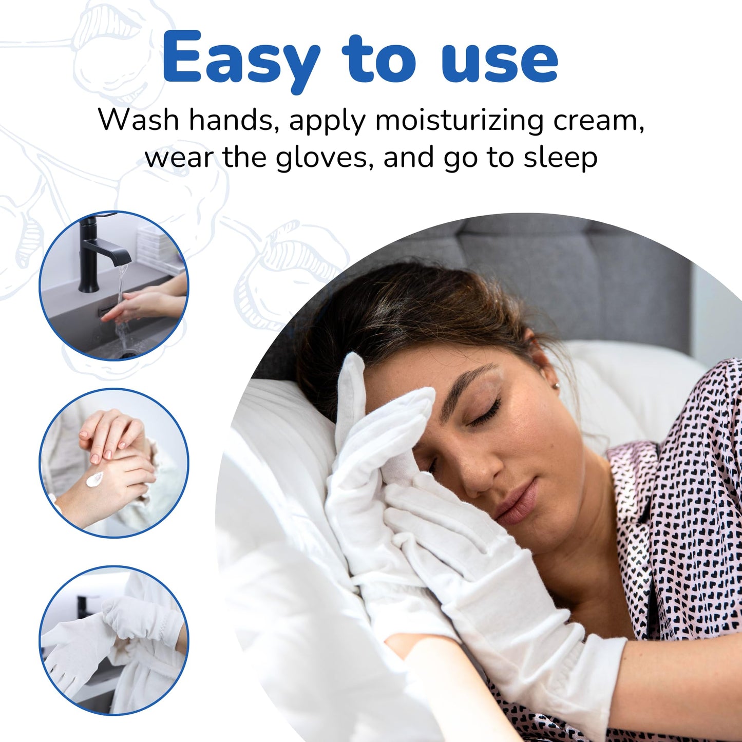 Dermrelief Cotton Gloves - for Beauty, Dry Hands, Eczema, Dermatitis and Psoriasis (7 Pairs) with Free Gifts (Professional Nail Buffer & Washing Bag) (Medium)