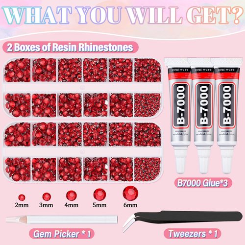 Resin Rhinestones for Crafting with 3Pcs 10ml B7000 Jewelry Glue, 2 Boxes Red Flatback Gems Crystals Diamond for Bedazzling Crafts DIY Nail Art Makeup,Gems for Clothing Tumblers Shoes