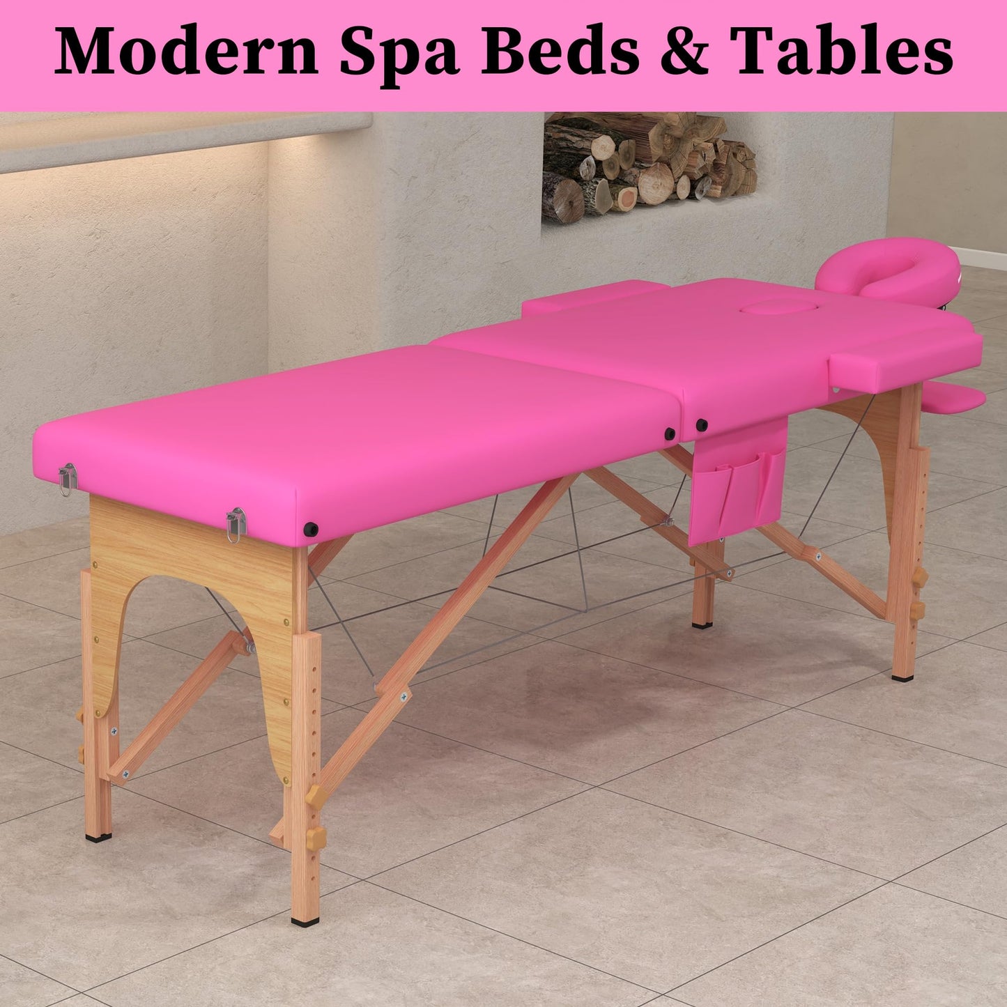 civama Massage Table Massage Bed Portable, 29 LBs Light Weight 2 Section Foldable Tattoo Bed Facial Care Spa Lash Bed Height Adjustable Sturdy Wooden Frame with Accessories Carrying Bag, Pink
