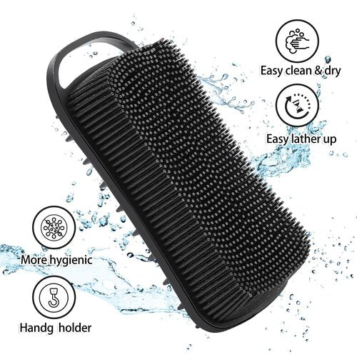 2 Pack Silicone Exfoliating Body Scrubber, 2 in 1 Body Brush & Hair Scalp Brush for Shower and Bath, Soft Silicone Loofah, Easy to Clean with Optimal Lathering (Black, Blue)
