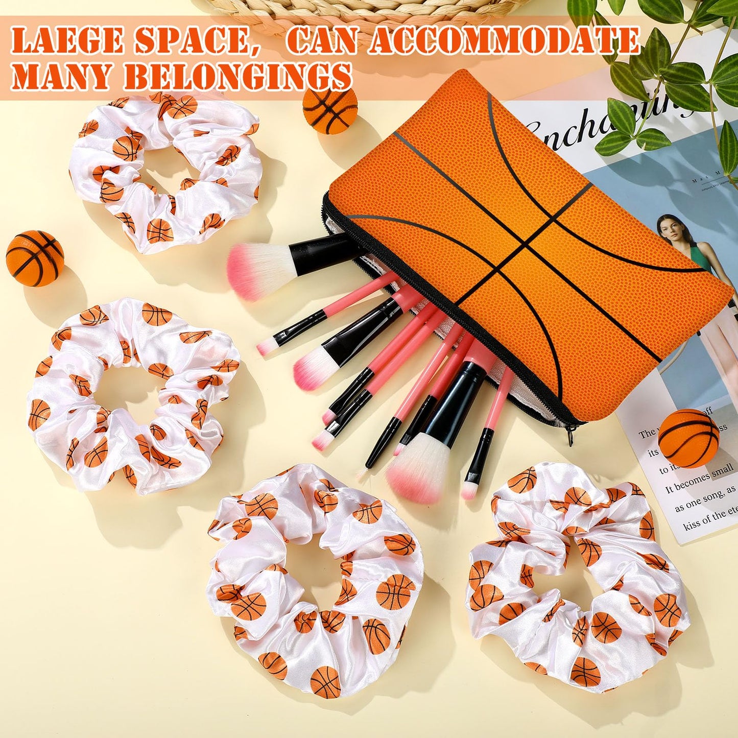 Moukeren 24 Basketball Stuff Set Cosmetic Bags Sport Makeup Bags Pencil Case Portable Storage Case Satin Sport Hair Scrunchies Elastic Hair Bands Basketball Gifts for Girl (White,Sports)