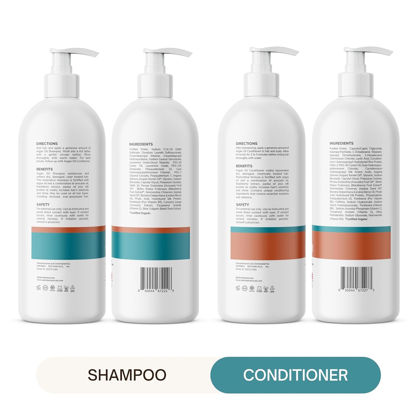Edenika Botanicals Argan Oil Shampoo & Conditioner Set - Biotin-Infused, Deeply Hydrating, 16 fl oz Each