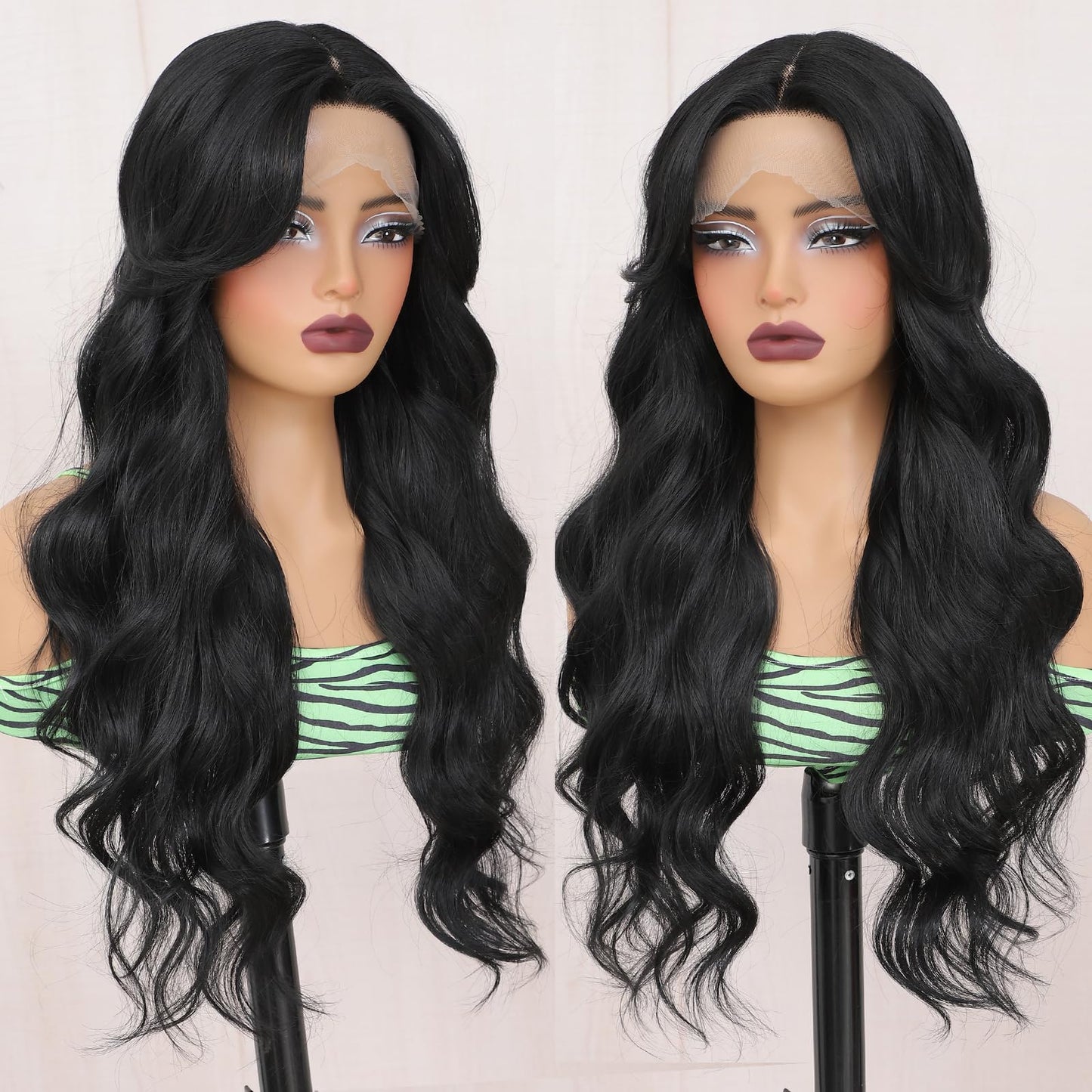 Svolna Lace Front Wig with Bangs Long Wavy Lace Wigs for Women Natural Black Synthetic Middle Part Layered Wavy Front Lace Wigs Fringe 26 Inch (Black)