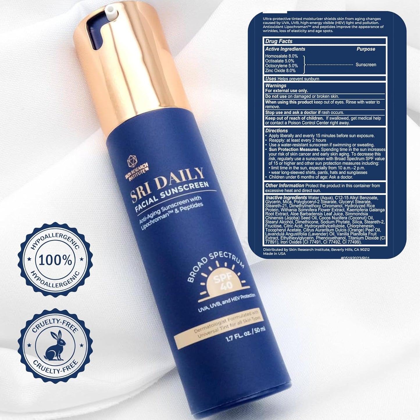 SRILabs Daily Facial Sunscreen - SPF 40 Anti-Aging Formula with Lipochroman & Peptides - 1.7 OZ