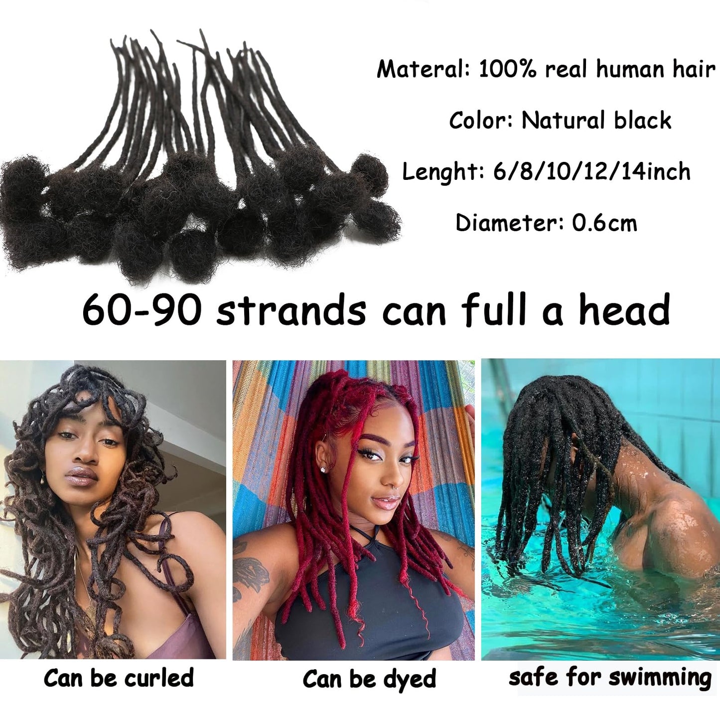 Coriario 0.4 cm Permanent Loc Extensions Human Hair 6 inch 30 Strands Real Human Hair Dreadlock Extensions Natural Black Dreads Extensions for Men Women Kids