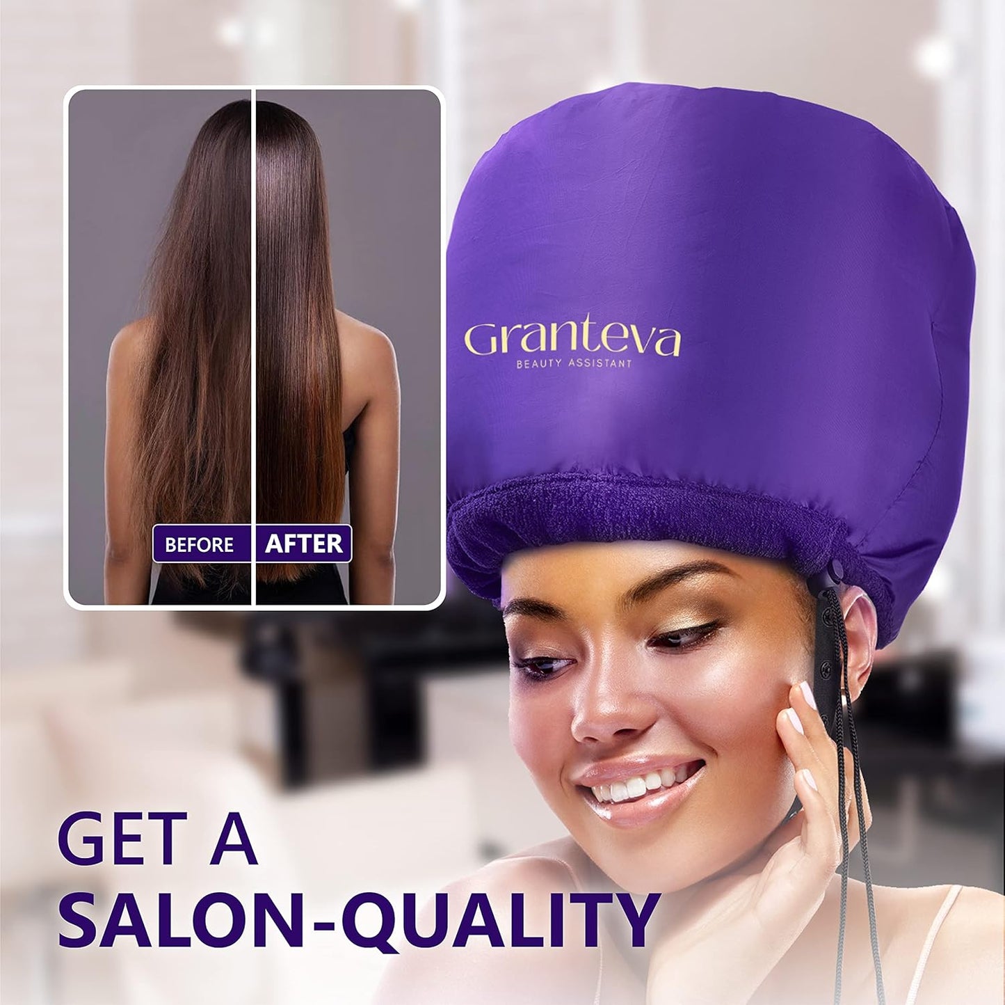 Bonnet Hair Dryer w/A Headband Integrated That Reduces Heat Around Ears & Neck - Diffuser Cap for Hair Dryer Curly Hair, Speeds Up Drying Time, Deep Conditioning at Home - Large (Purple)