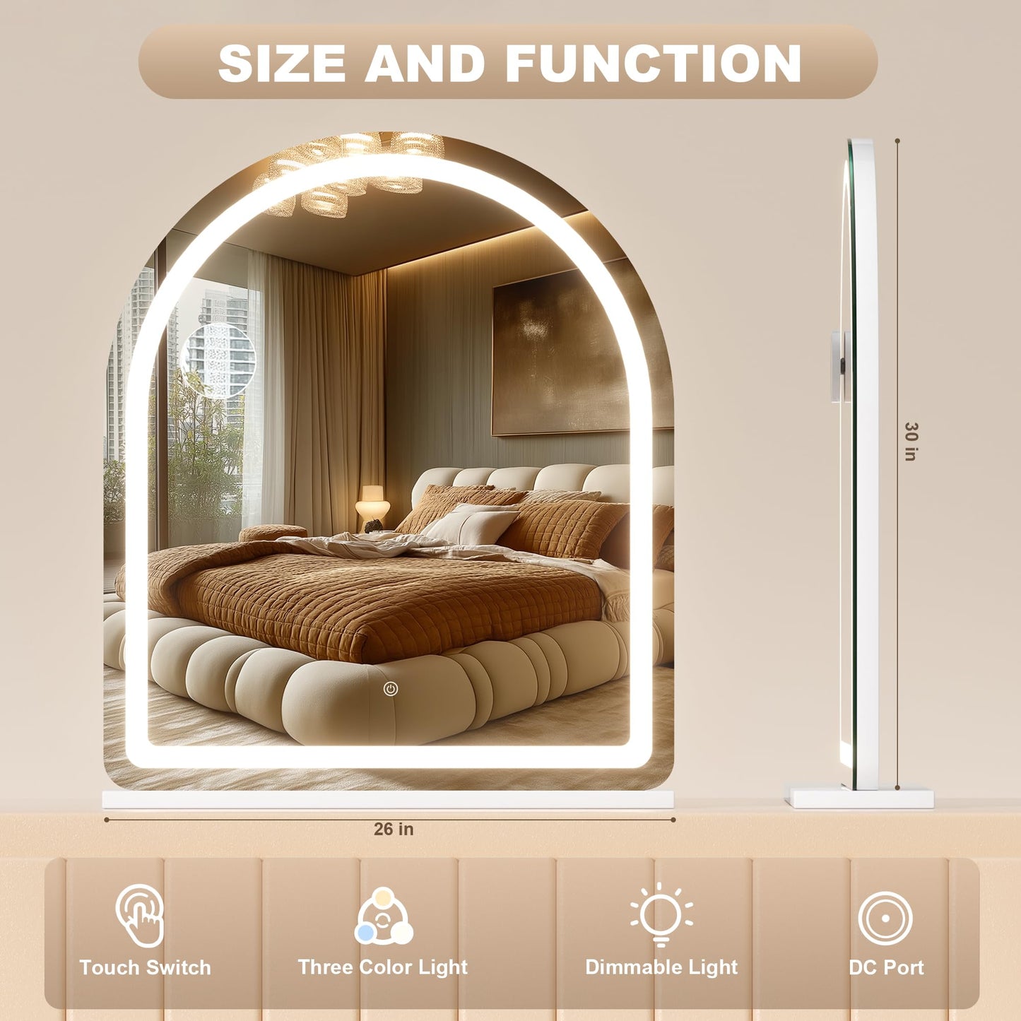 Hasipu Vanity Mirror with Lights, 26"× 30" Arched LED Makeup Mirror, Lighted Desktop Makeup Mirror with Lights, Smart Touch Control Dimmable 3 Modes Light White