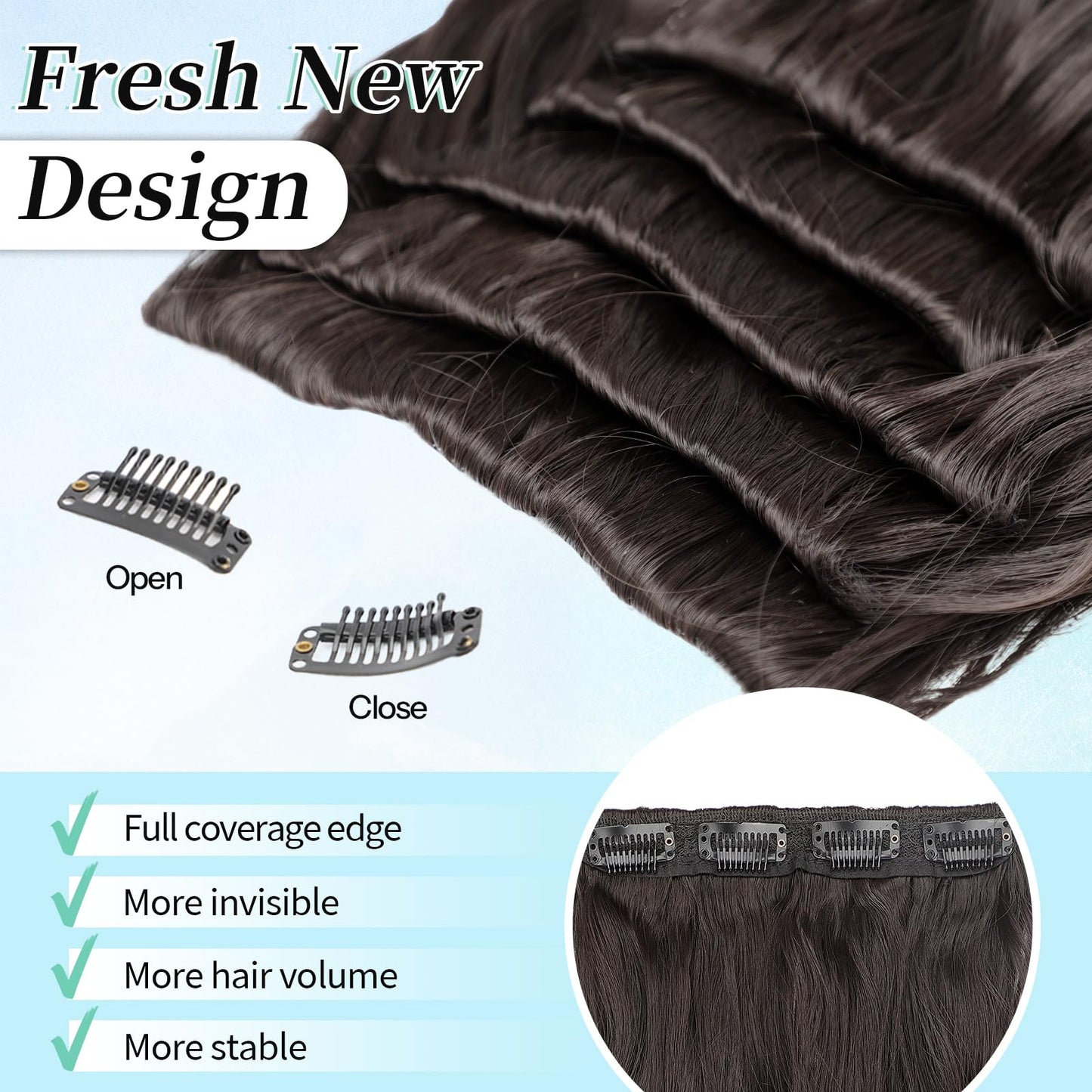 KooKaStyle Hair Extensions 5PCS Long Wavy Upgrate Invisible Full Coverage Edges Seamless Clip in Extensions for Women 20 Inch Dark Brown Synthetic Natural Hairpieces