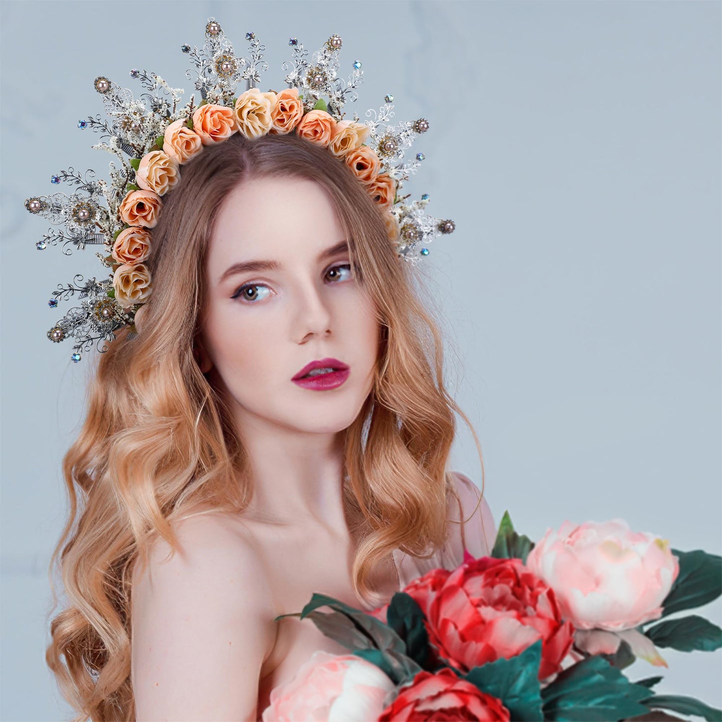 COSUCOS Rose Halo Crown Headpiece - Handmade Renfaire Fantasy Floral Headband Greek Goddess Champagne Flower Tiara for Bride Cosplay Women Wedding Costume Renaissance Halloween