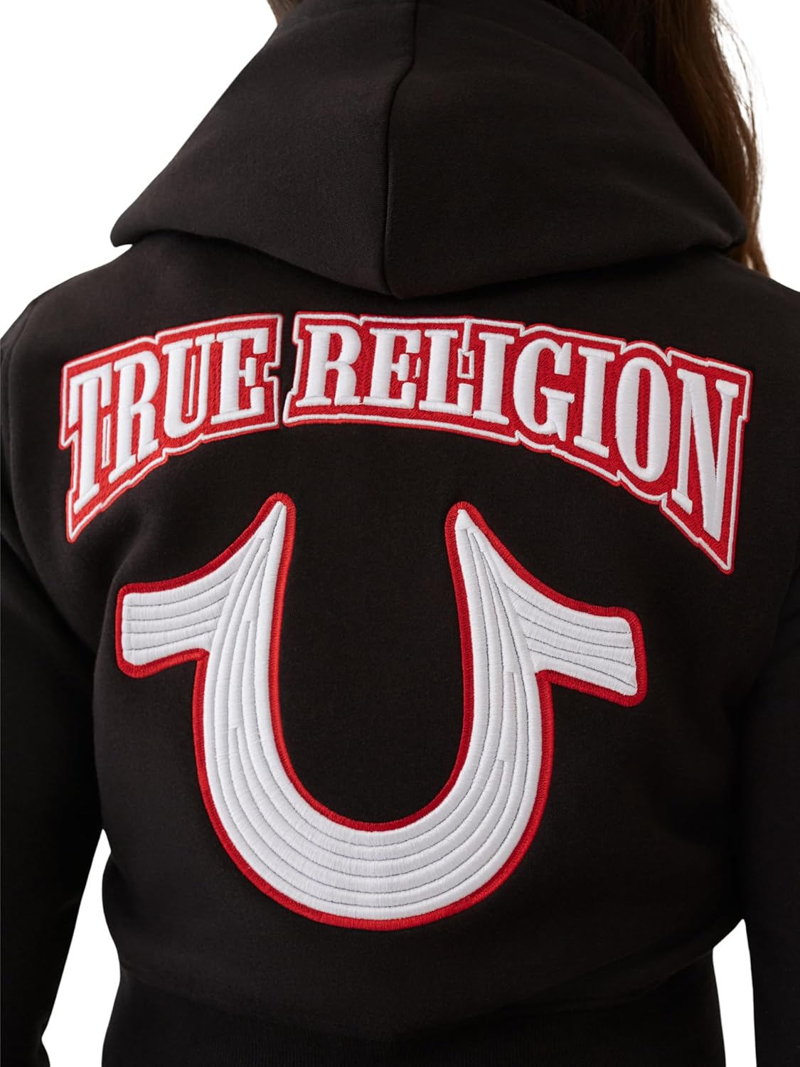 True Religion Women's Cropped Zip Hoodie - Embroidered Full-Zip Sweatshirt with Logo Stitching