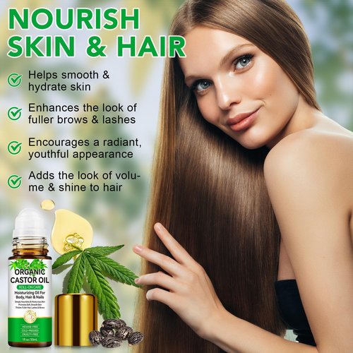 Acorn + Oak Organic Castor Oil 1 fl.oz,100% Pure Cold Pressed for Hair Growth, Eyebrows & Eyelashes â Natural Moisturizer for Skin & Nails â Roll-On Glass Bottle, Multi-Purpose Care