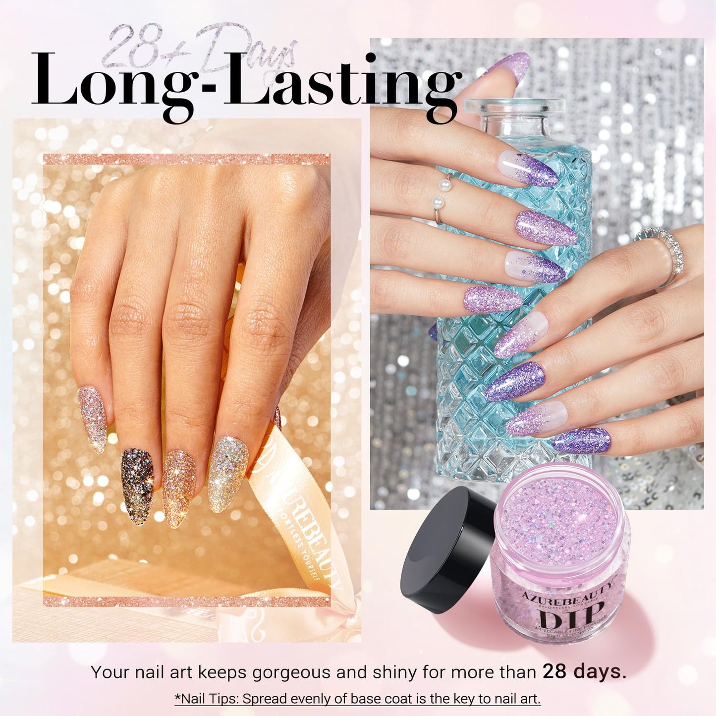 AZUREBEAUTY Dip Powder Nail Starter Kit with Matte Coat, 8 Hot Pink Glitter Neon Summer Color, Dipping Powder Liquid Set with Base/Top Coat/ Activator/10 Nail Sticks Salon at Home