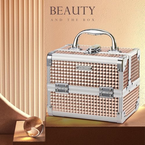 FRENESSA Makeup Case - Portable Train Case with Mirror | Hard Organizer for Travel & Vanity - Rose Gold