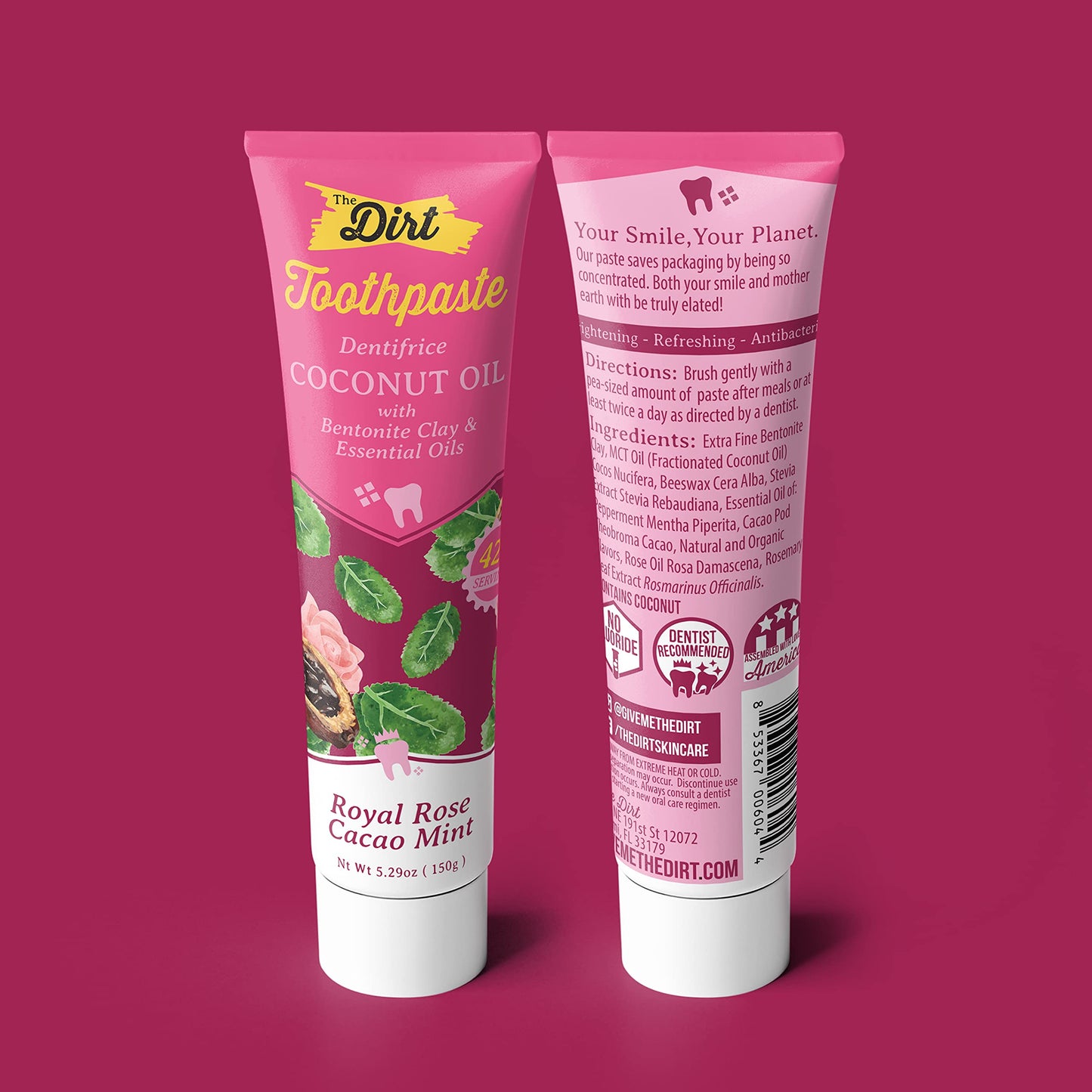 THE DIRT Coconut Oil Toothpaste - Fluoride & Gluten Free - Natural Oral Care for a Refreshing Smile - Rose Cocao Mint Flavor (150g: 6 Months Supply)
