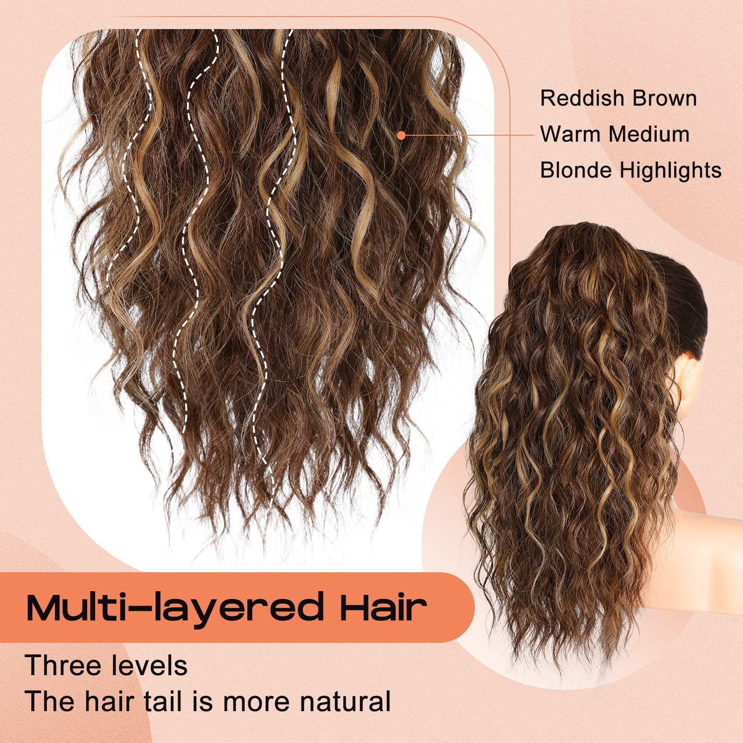 SEIKEA 18" Highlight Ponytail Extension, PT002 Tia Claw Long Multi Layered Fluffy Thick Wavy Curly Jaw Clip in Fake Pony Tails Fake Hair Soft Synthetic Hairpiece Chocolate Brown Blonde Highlights