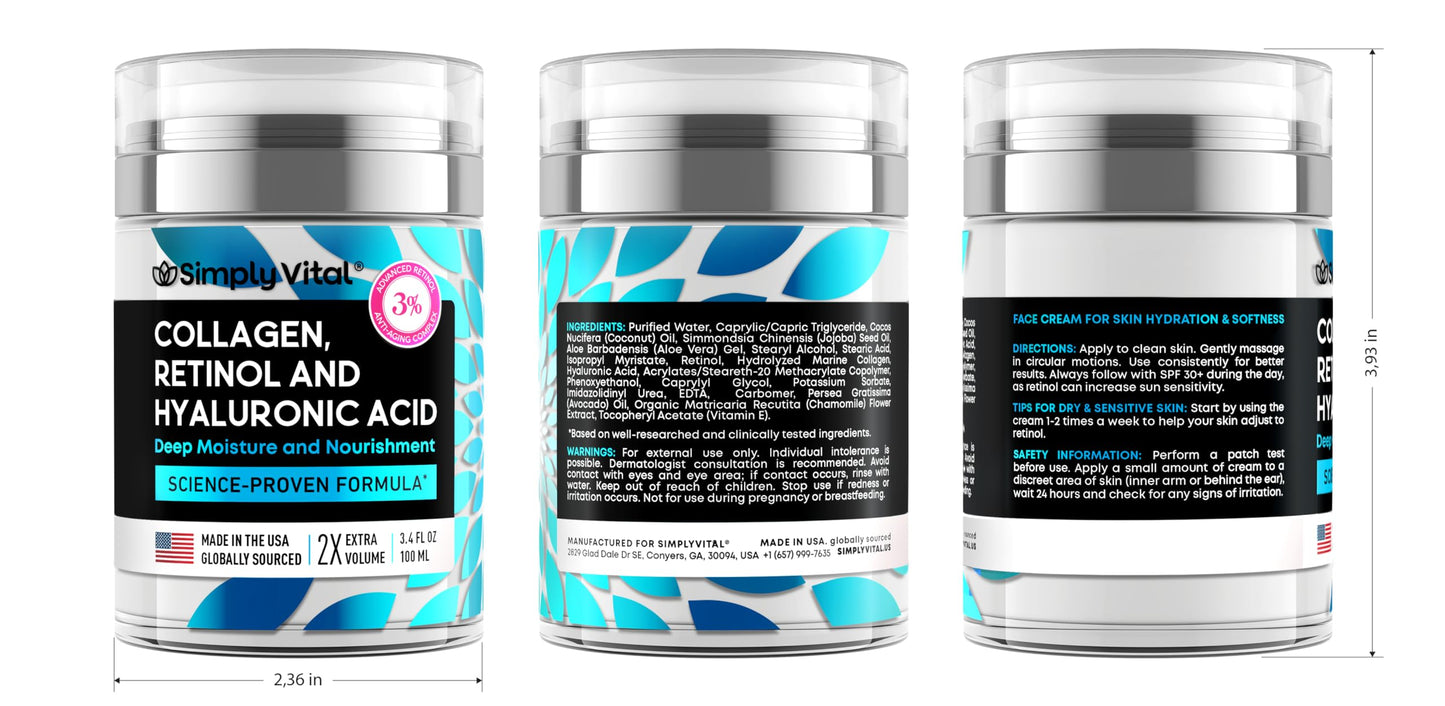 Anti-Aging Face Moisturizer with Retinol, Collagen & Hyaluronic Acid - Made in USA - Moisturizer Face Cream for Women & Men - Firming & Hydrating Neck Cream - Day & Night Skin Care - 1.7 fl oz