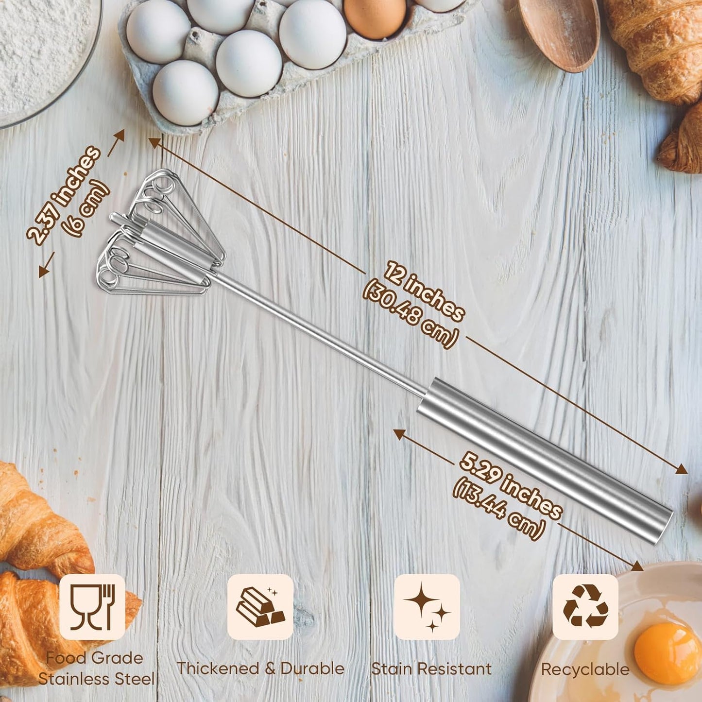 Whizzy Whisk - Stainless Steel Egg Whisk | Versatile Hand Push Rotary Blender (12in)