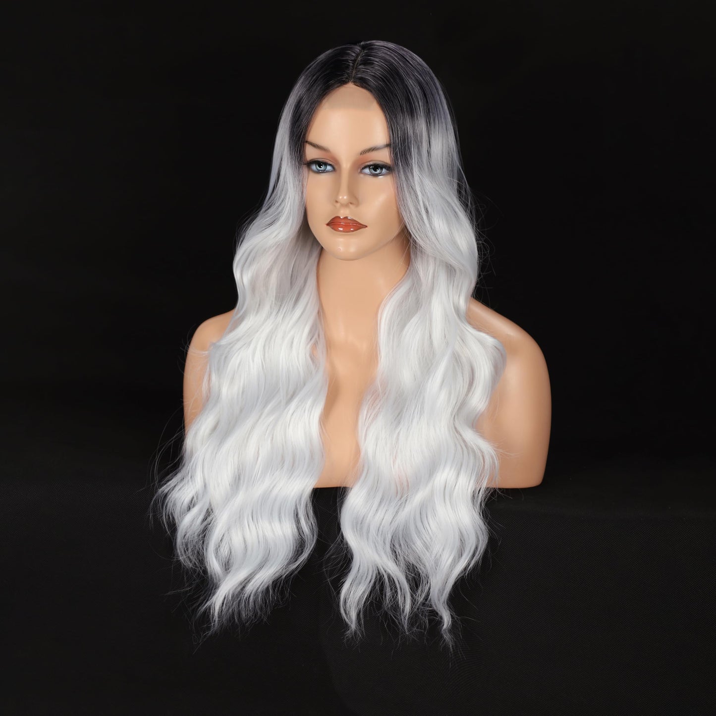 Colorful Queen Ombre Black Grey Wig 26 Inch Long Wavy White Wigs for Women Curly Wig Heat Resistant Synthetic Lace Wig Natural Looking for Cosplay Daily Use