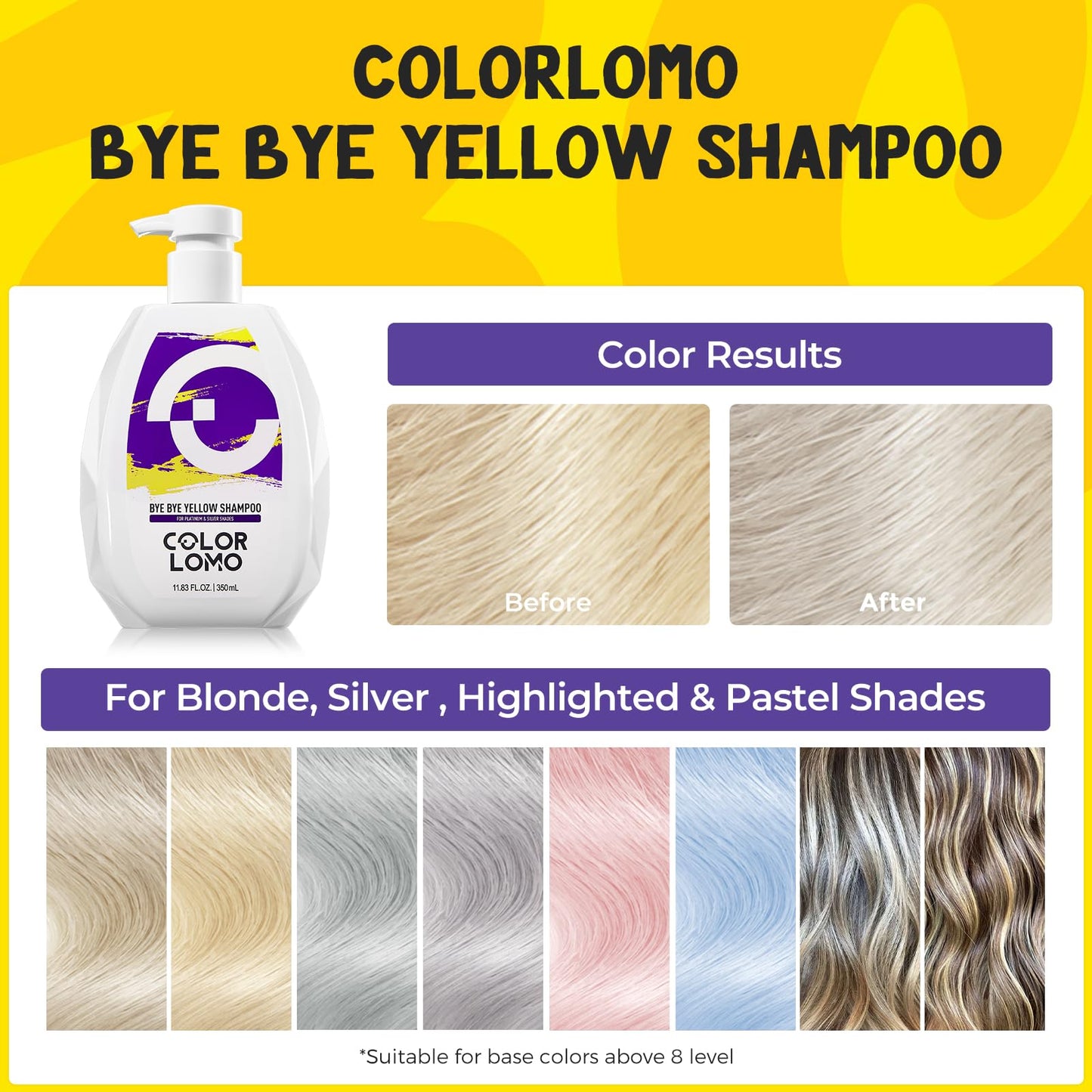 COLORLOMO Bye Bye Yellow Purple Shampoo, Neutralizes Brass & Yellow Tones, Sulfate Free, For Color Treated, Blonde, Bleached, Highlighted Brown or Silver Hair, 11. 83 Fl Oz