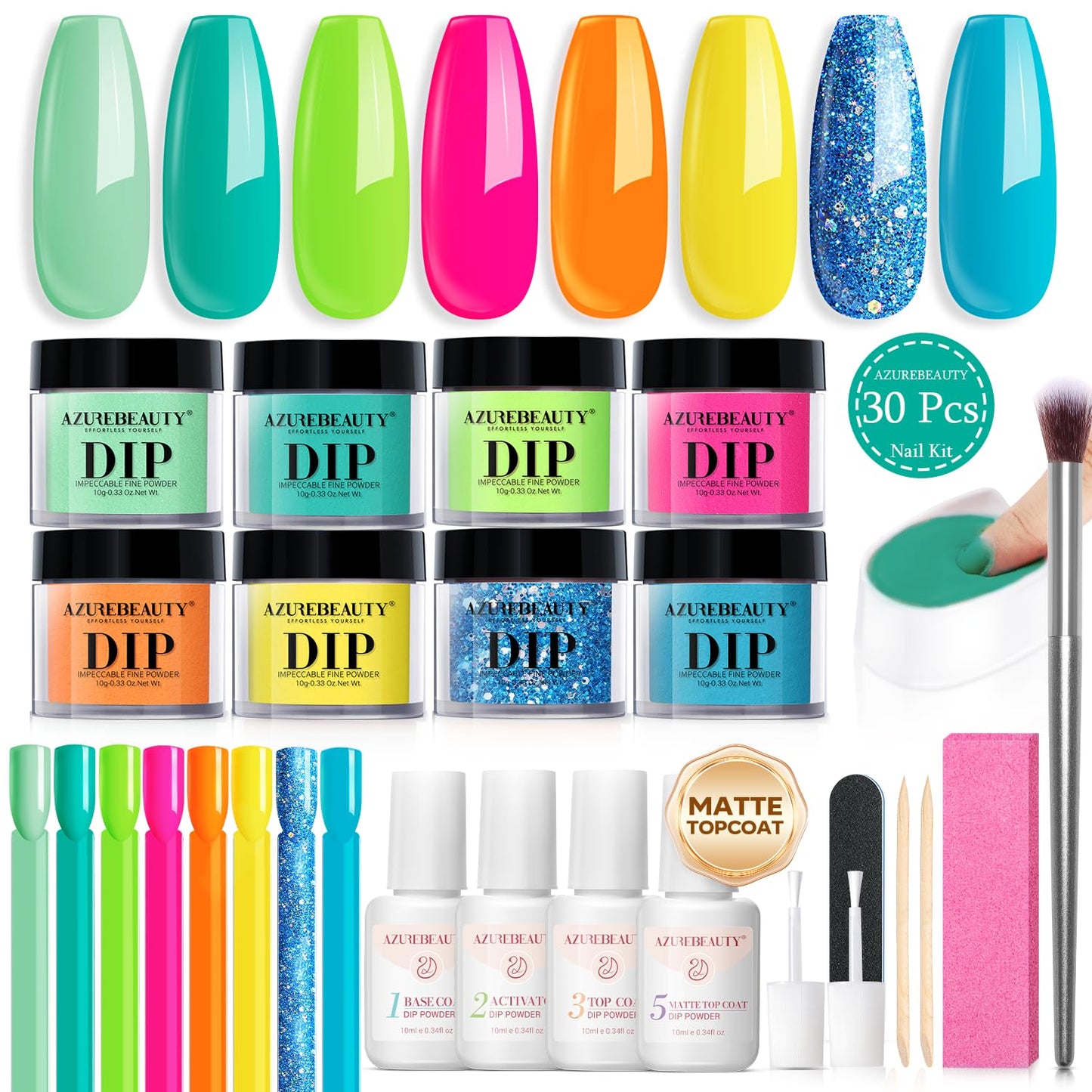 AZUREBEAUTY Dip Powder Nail Starter Kit with Matte Coat, 8 Hot Pink Glitter Neon Summer Color, Dipping Powder Liquid Set with Base/Top Coat/ Activator/10 Nail Sticks Salon at Home