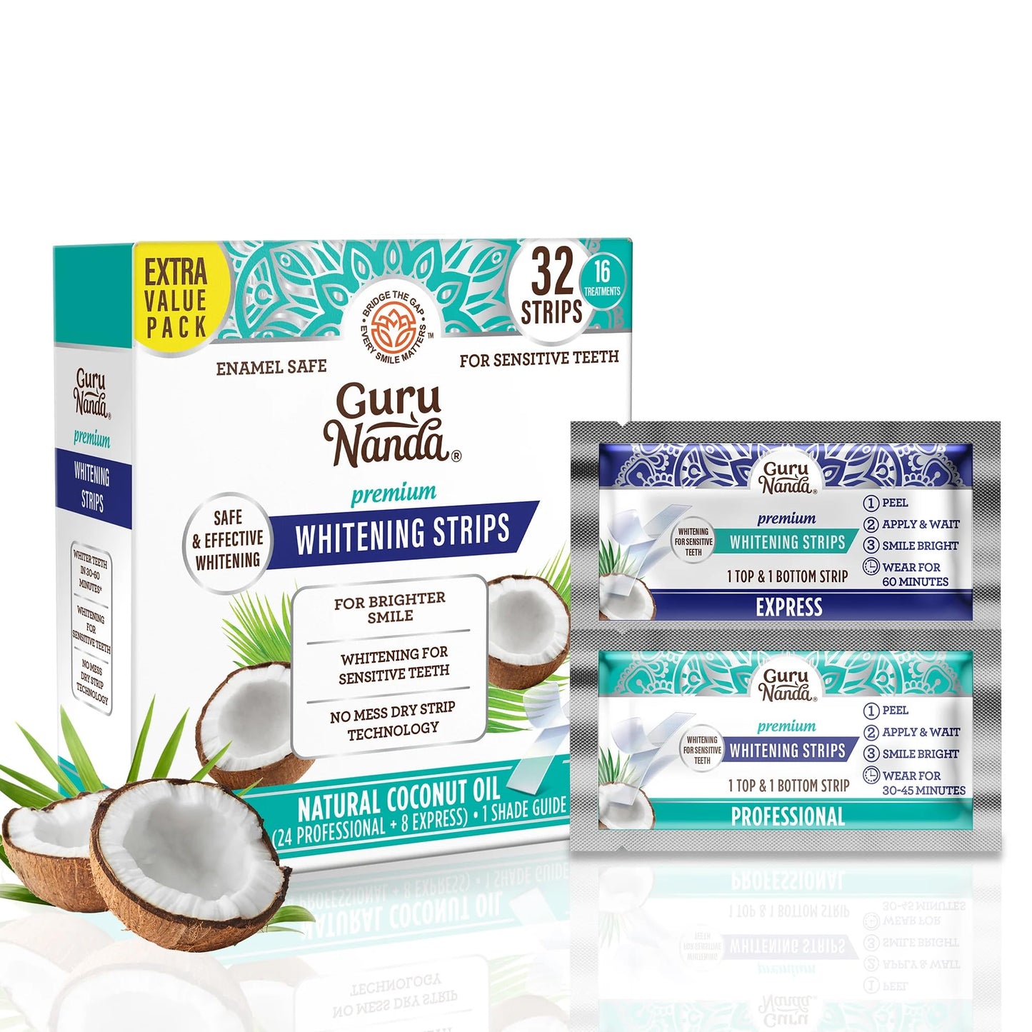 GuruNanda Teeth Whitening Strips -16 Day Treatments - Enamel-Safe Teeth Whitening for Sensitive Teeth, Non-Slip, Dry Strip Technology