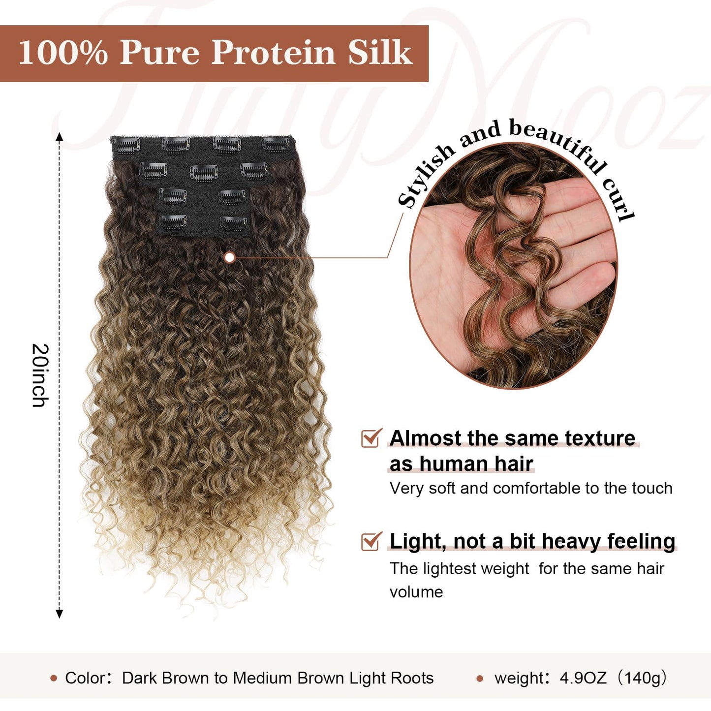Clip in Hair Extensions, FLUFYMOOZ 4PC 100ï¼… Pure Protein Silk Hair Extensions Long Soft Natural Hairpiece 20 Inch Curly Hair Extension for Women (Dark Brown to Medium Brown Light Roots)