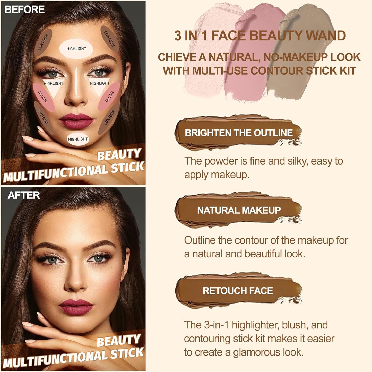 Lezero 3Pcs Contour Stick Makeup Kit, Shades with Highlighter, Blush and Bronzer Stick for Sculpt the Face and All Skin Type, Long Lasting, Smooth, Dewy & Matte Finish, LIGHT