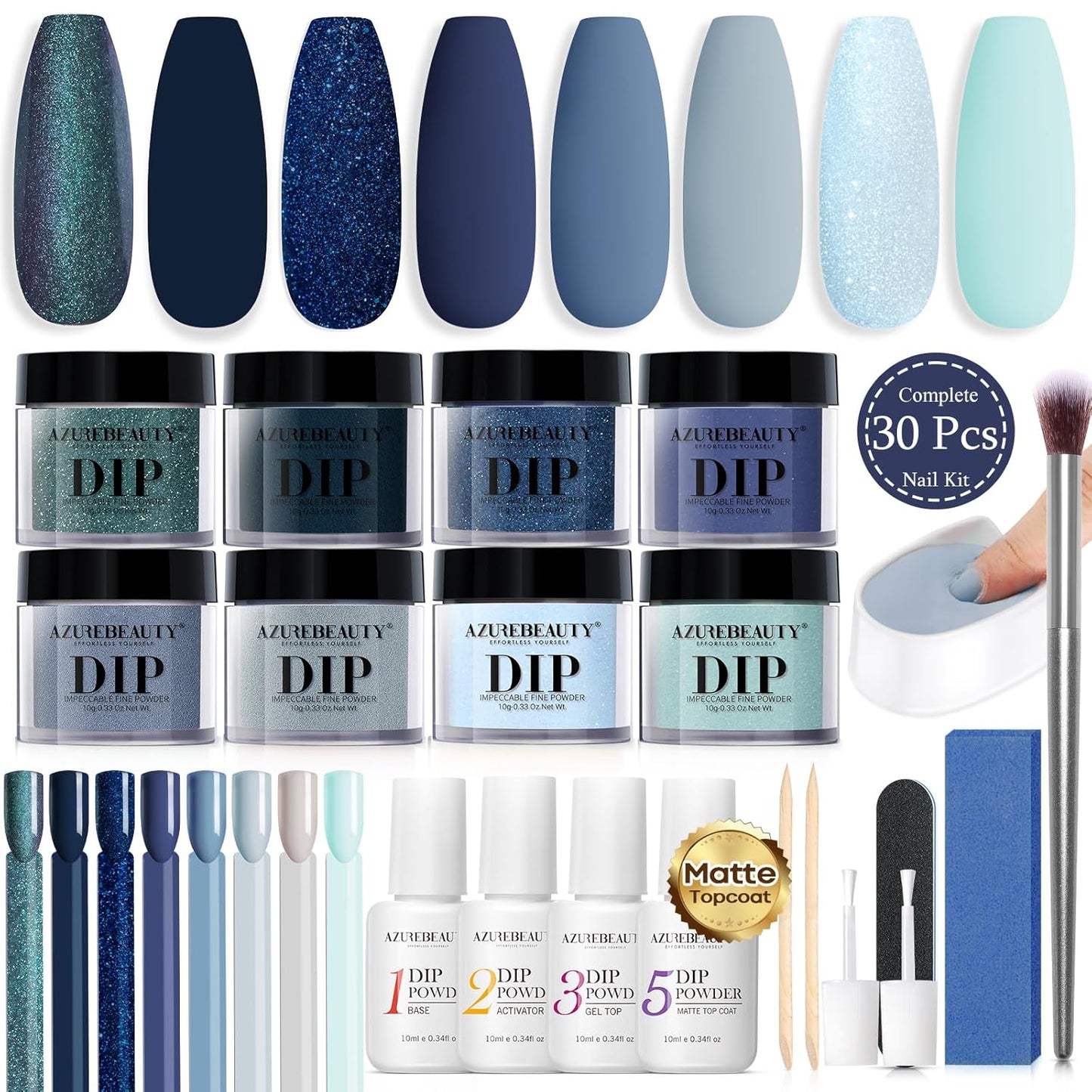 AZUREBEAUTY Dip Powder Nail Starter Kit with Matte Coat, 8 Hot Pink Glitter Neon Summer Color, Dipping Powder Liquid Set with Base/Top Coat/ Activator/10 Nail Sticks Salon at Home