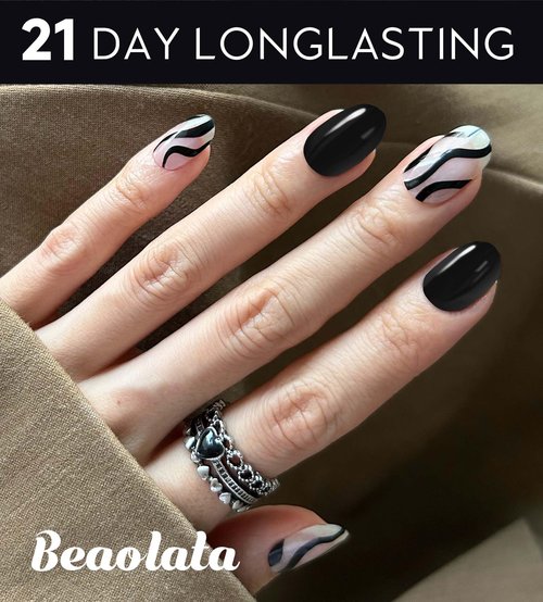 Beaolata Semi Cured Gel Nail Strips - Gel Nail Stickers with uv Light - Nail Polish Strips - 20 Gel Nail Wraps - Gel Nail Strips - Long Lasting Salon Quality (Off Boardway Black)