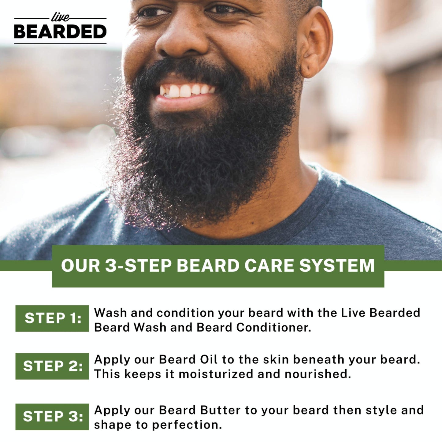 Live Bearded: 3-Step Beard Grooming Kit - Legend - Beard Wash, Beard Oil and Beard Butter - All-Natural Ingredients with Shea Butter, Jojoba Oil and More - Beard Growth Support - Made in the USA