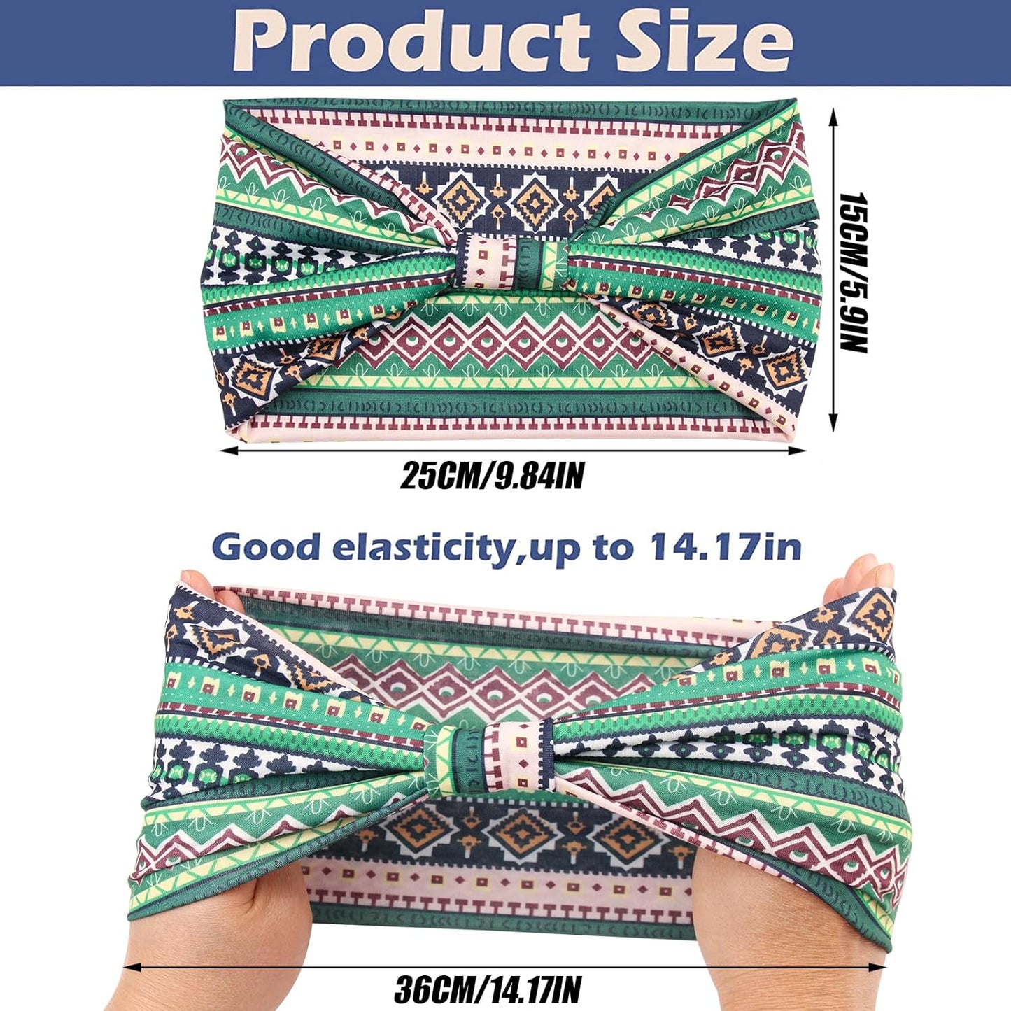 Yeshan Women's Wide Boho Knotted Non-Slip Turban Headwraps - Stretchy Bandeau Hair Bands for Sports, Yoga, Workouts, Pack of 8