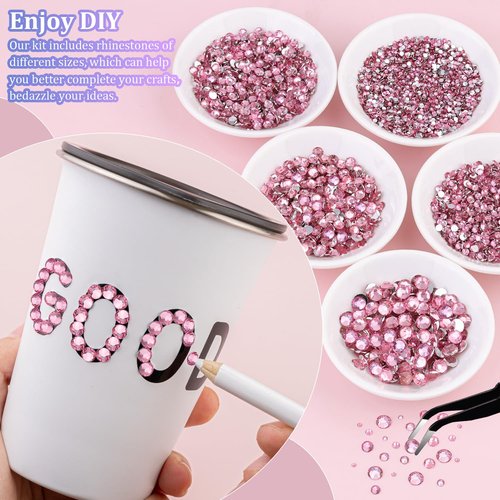 16000Pcs Resin Rhinestones with Tweezers for Crafting, Dark Pink 2-6mm Mixed Sizes Bedazzling Crystal with 3Pcs 10ml B7000 Jewelry Glue for DIY Crafts Clothing Tumblers Shoes Fabric Nail Art